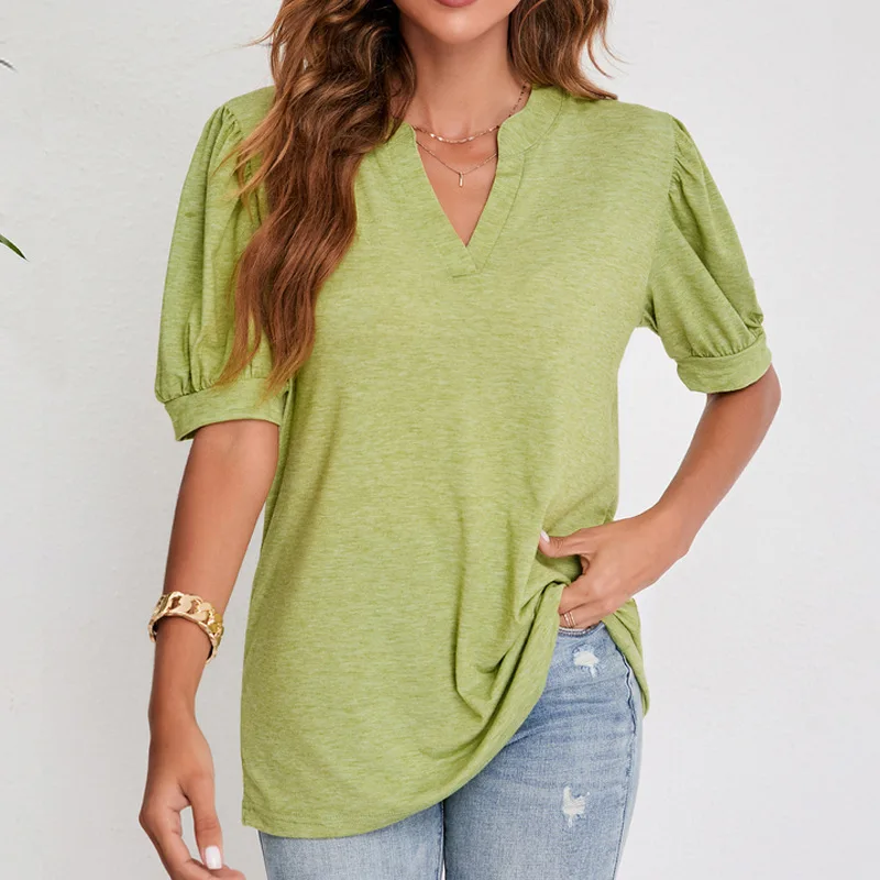 2023 Summer Women New T-Shirt Casual V-Neck Solid Bubble Sleeve Loose Top Casual Versatile Bottom