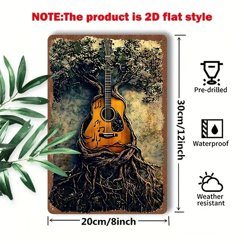 1PC 2D Flat Metal Sign Guitar Tree Root Art 8x12 Inch Vintage Tin Poster Home Holiday Wall Decor