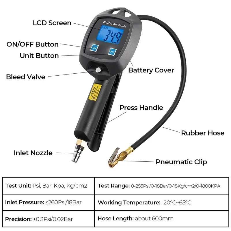 Mit Inflator Schlauch Düsen Auto Tester Reifen Manometer 0-255Psi 0-18Bar Monitor Inflation Gun Motorrad Fahrrad reifen Manometro