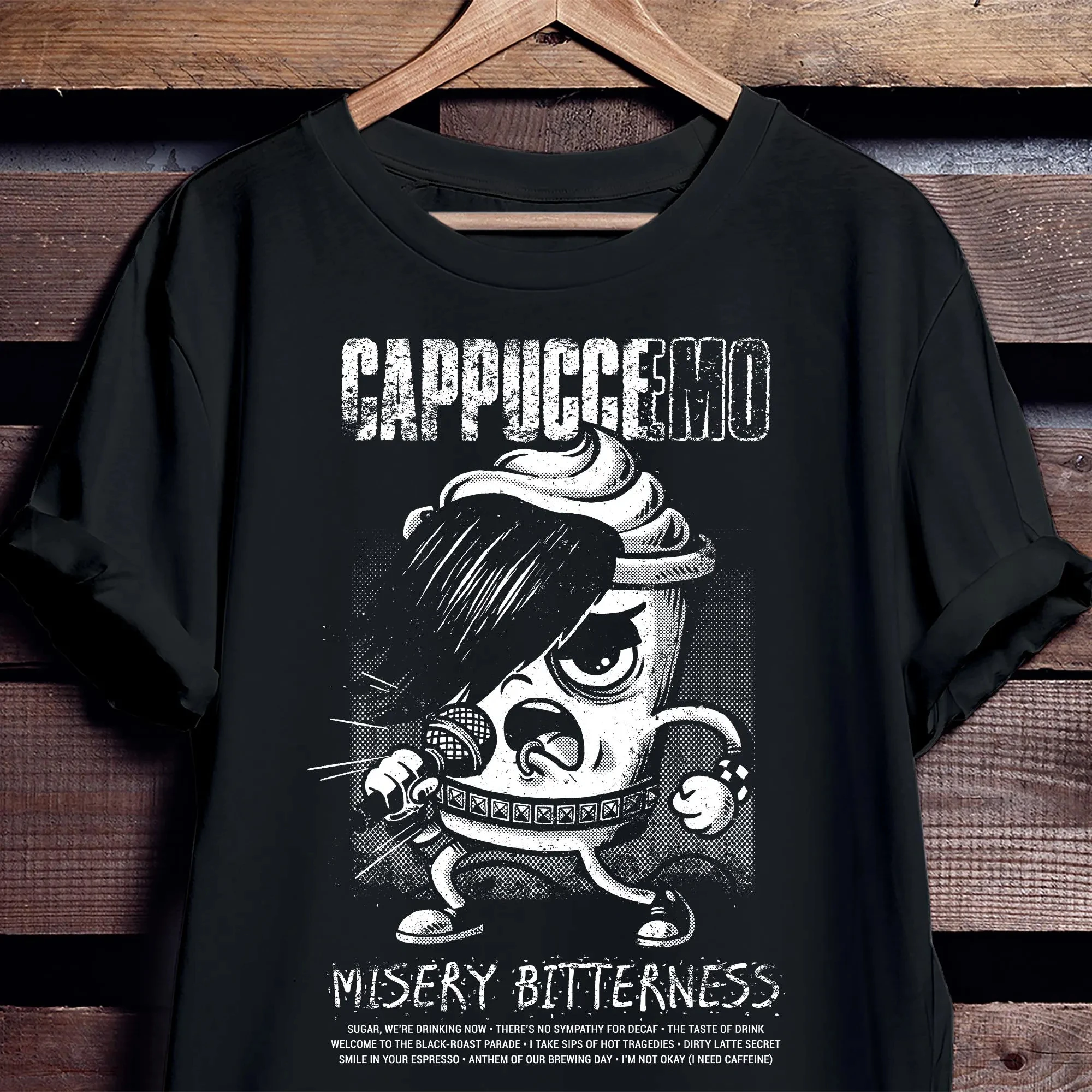 “Men's 'Cappuccino Misery Bitterness' Graphic T-Shirt Coffee Lover Emo Grunge Streetwear Oversize Black Tee”
