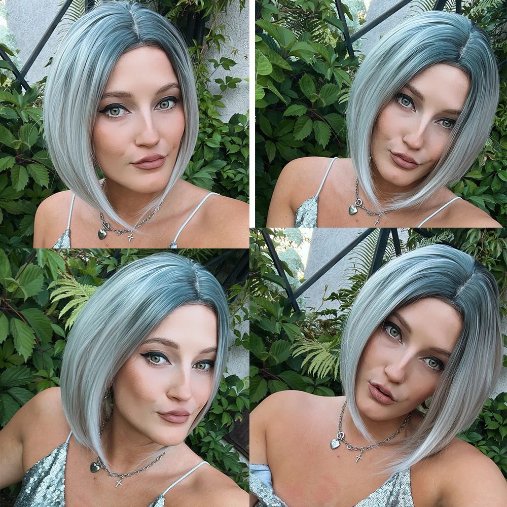 HAIRCUBE-peluca sintética con encaje frontal para mujer, pelo corto y liso, color gris degradado, resistente al calor, para fiesta diaria