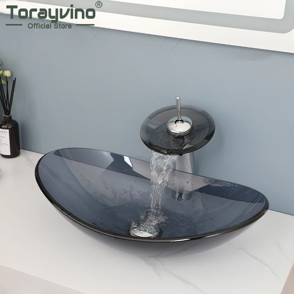 

Torayvino Bathroom Glass Tempered Oval Vanity Basin Sink Set Waterfall Spout Deck Mounted Faucet Mixer Tap With Pop-up Drain Kit