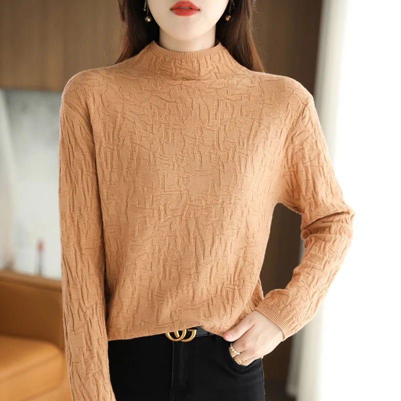 

Autumn Winter New Ladies Soft Wool Blend Sweater Half-high Collar Pullover Retro Pattern Knitted Sweater Slim-Fit Commuter Tops