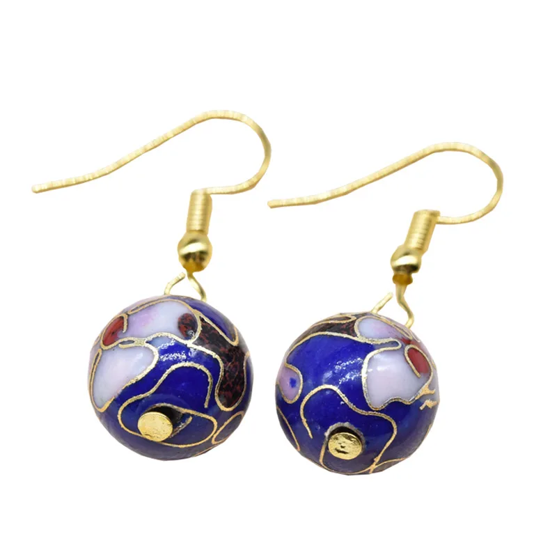 

Chinese Cloisonne Round 12mm Colorful Beads Earrings Handmade Women Fashion Accessories Enamel Beaded Eardrop Copper Jewelry