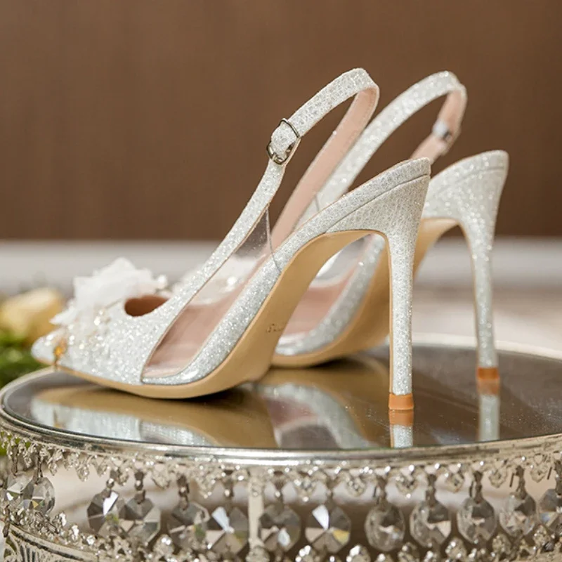 Flower Design High Heels Women Luxury Brand Wedding Shoes Shallow Fashion Slingback Dress Shoes 2025 Pointed Toe Sandals Female