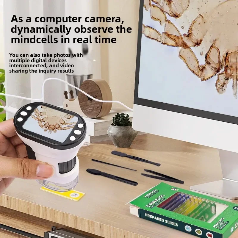 Kit biológico de microscópio infantil, lupa 1000x 200 megapixels com função de foto e vídeo led, brinquedo educacional, ciências para crianças