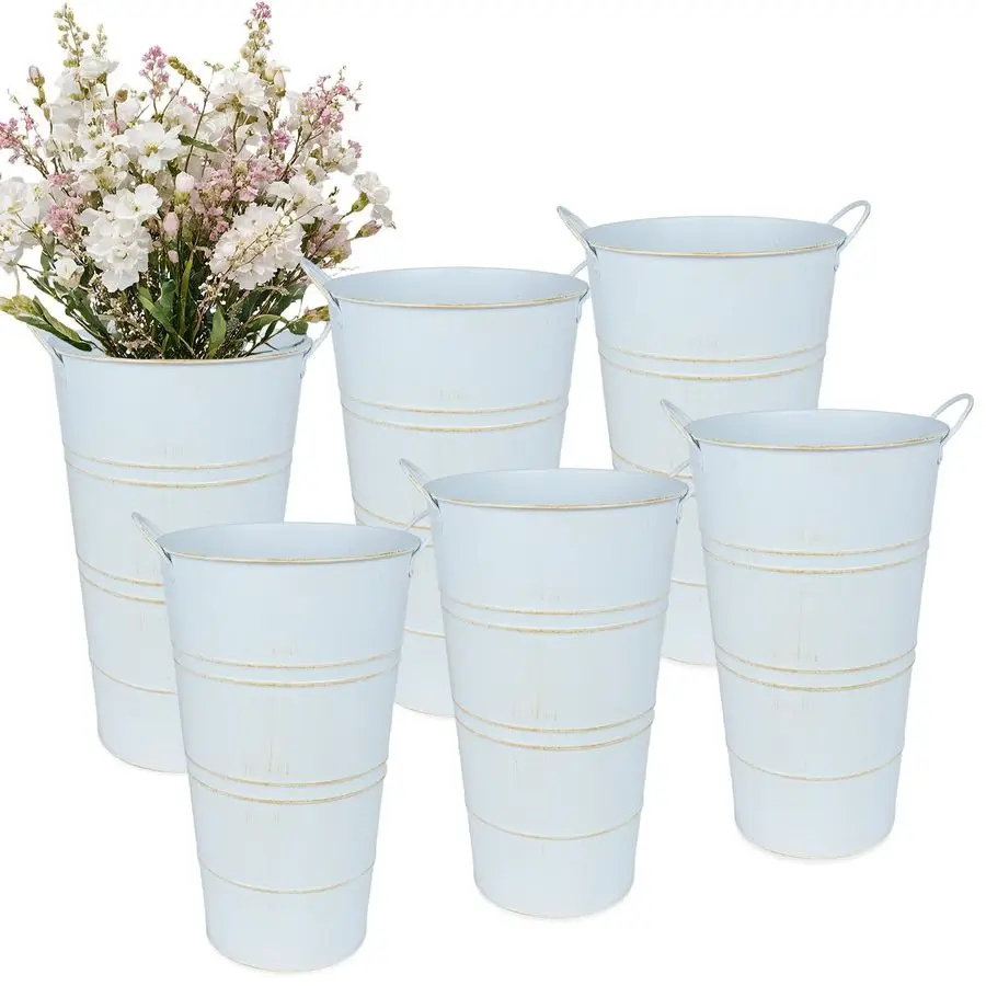 

Inch Galvanized Metal Vases for Flowers 6 Pcs Farmhouse Decorative Tall Flower Bucket with Handles, Rustic French Tin Planter Bu