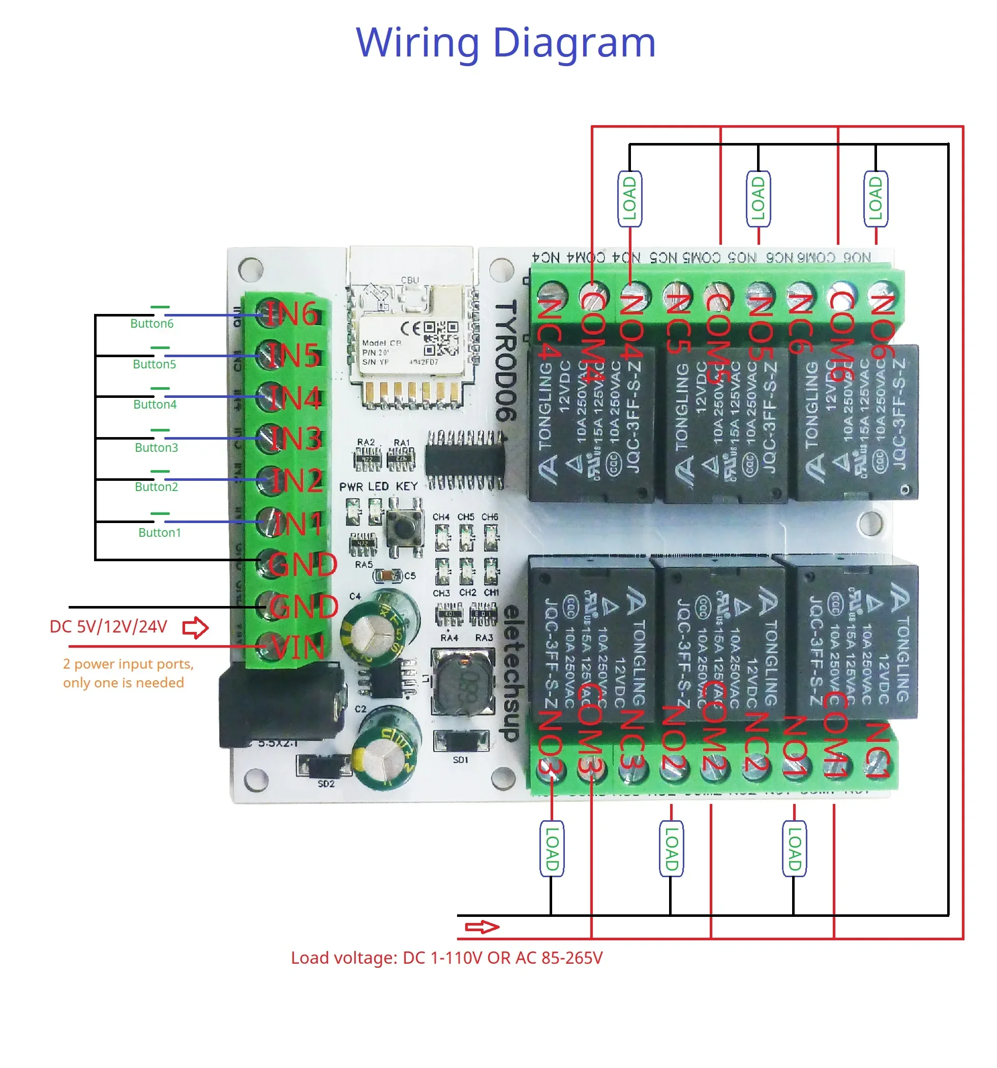 TYROD06 WIFI Smart Relay Module 6CH DI-DO DC 5V/12V/24V 2.4G RF Remote Control IOT Switch NPN IN Dry Contact Out