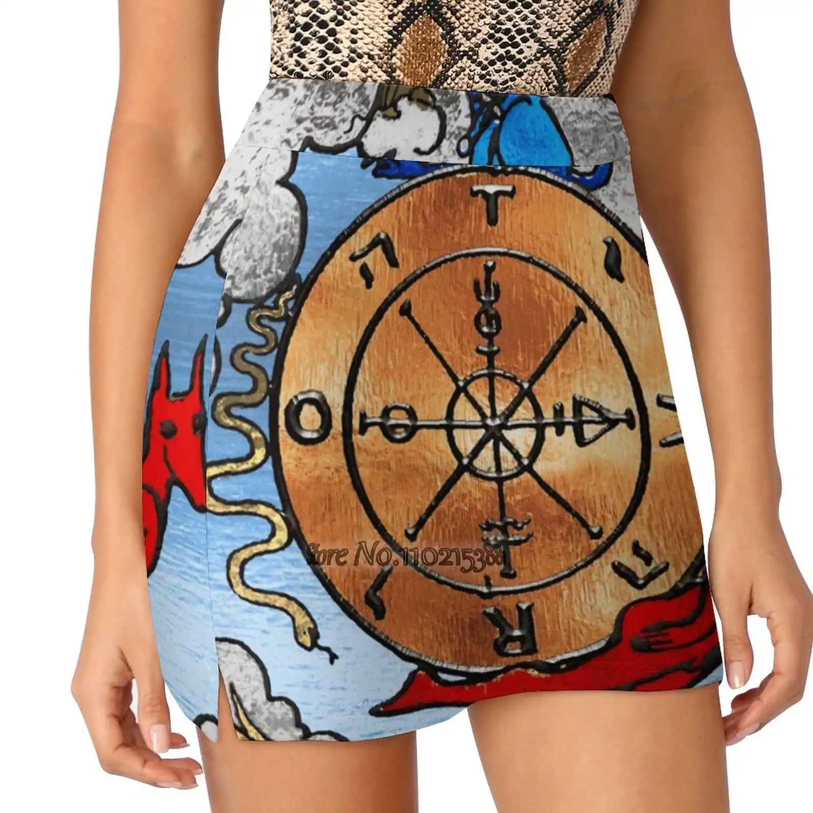 Tarot Gold Edition - Major Arcana : W - H - E - E - L Of Fortune Women Mini Skirt Two Layers With Pocket Skirts Sport Fitness