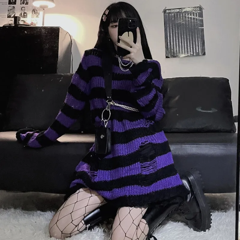 Karrram Goth Sweater Purple Striped Punk Style Lolita Pullover Japanese Harajuku Hollow Out Knitted Jumpers Alt Clothes E-girls