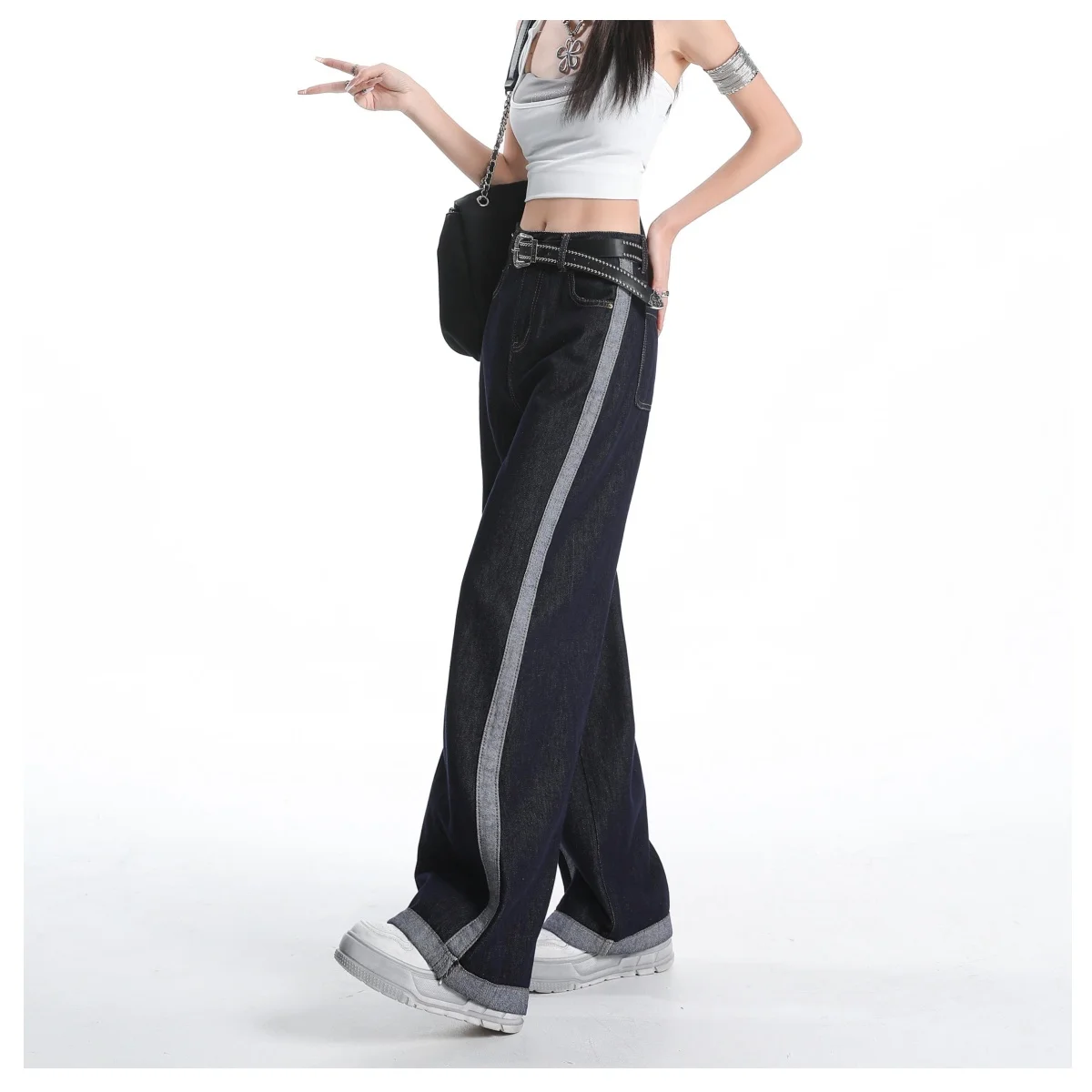 Preto de cintura alta calças de brim retas primavera & outono moda feminina casual calças de perna larga y2k calças 2025 design sentido calças de chão