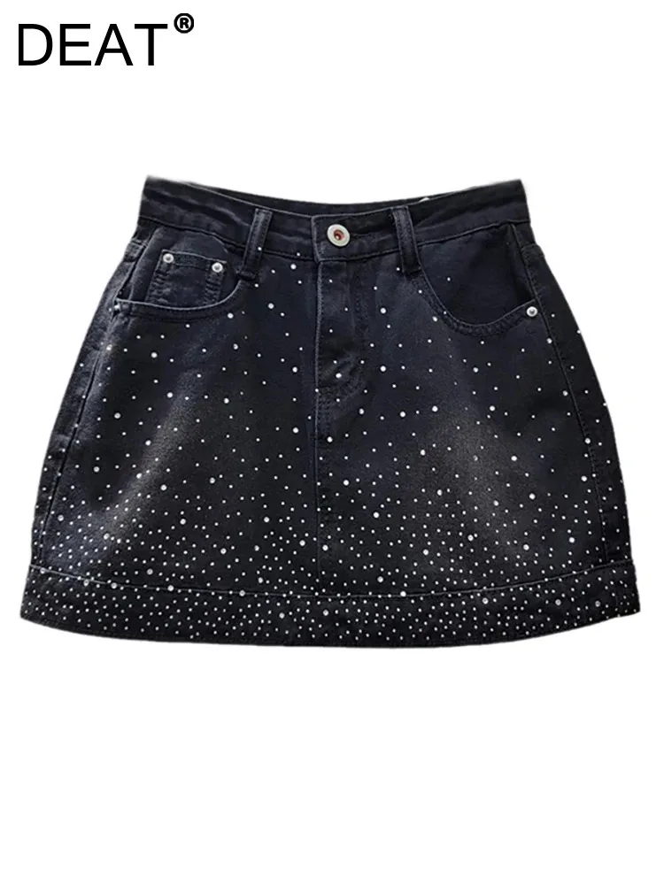 

DEAT Women's Denim Skirt High Waist Do Old Rhinestone Short Do Old Vintage Wrap Hip Miniskirts 2024 Autumn New Fashion 29L7744