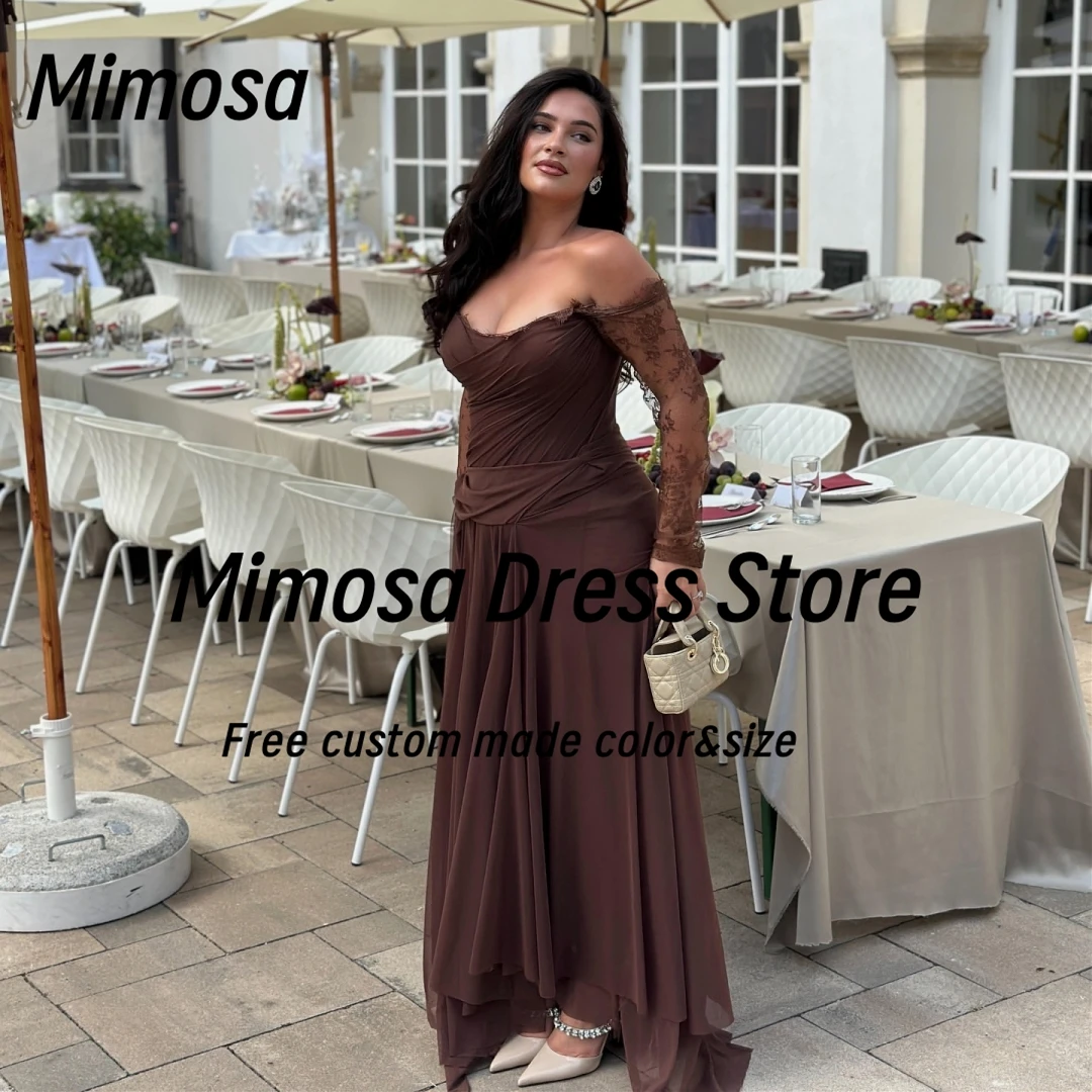 

Mimosa Prom Dresses Lace Long Sleeves Saudi Party Dres Ruched Chiffon Special Occasion Evening Gowns Customized