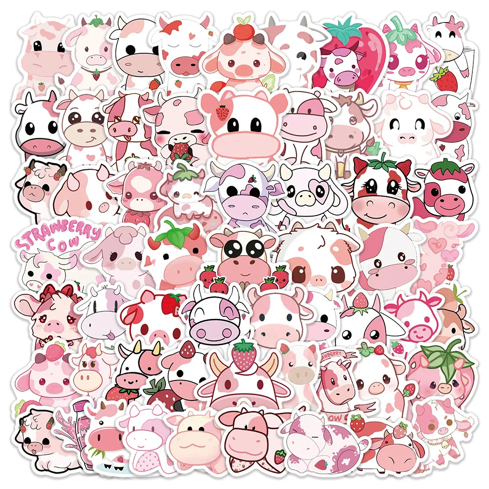 

10/60PCS Strawberry Beef Cute Cartoon Animal Doodle DIY Decorative Water Cup Skateboard Guitar Waterproof Sticker Kids Toy