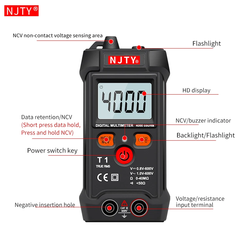 NJTY Mini Digital Multimeter AC/DC Voltage Meter 4000 Counts Smart Multimetro Ohm NCV Electrician Tools Measuring Instruments