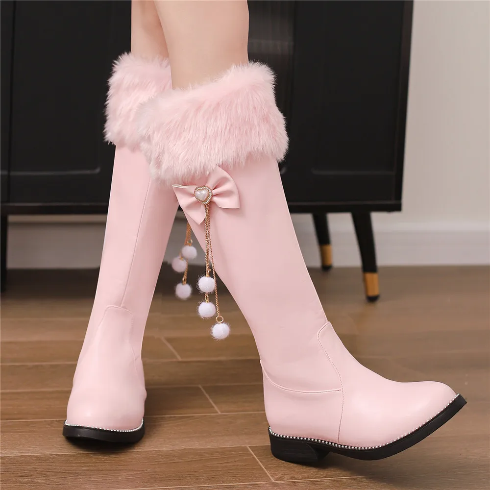 2024 New Women Boots Autumn Winter Girls Booties Faux Fur Knee-High Low-Heel Short Boots Side Zippe Bow Botas Mujer Shoes 31-43