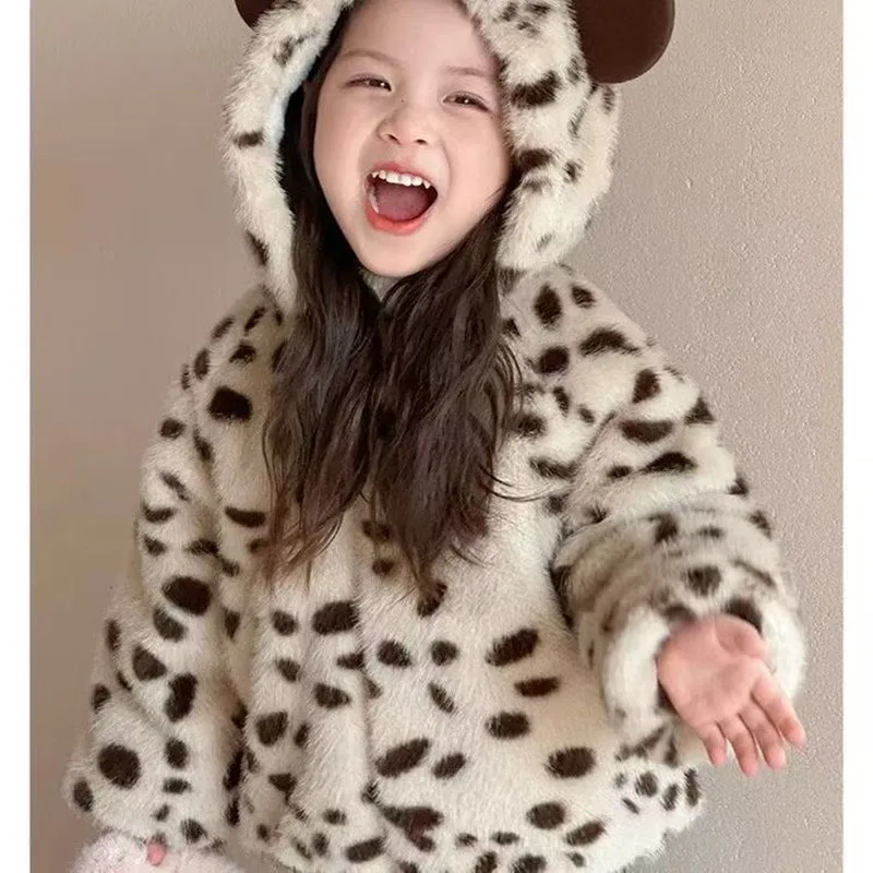 

Girls' Fleece-Lined Thickened Coat Leopard Print New Arrival Stylish Winter Wear for Little Girls Baby Girl's Wool Knit Coat