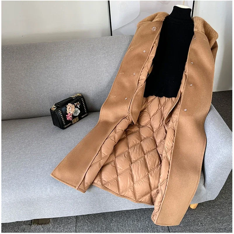 2024 Women Luxury Winter Wool Fur Coat Jacket Femal Mink Fur Collar Coats Lady Long Over Size Down Lining  Parka Trench CT2153