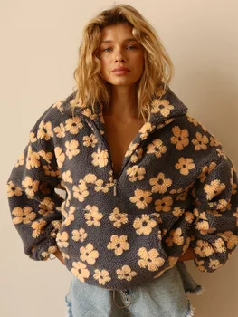 Bornladies New Autumn Winter Women's Sherpa Floral Pullover Hoodies Half Zip Style Loose Fit Warm Stylish Sweatshirt 5