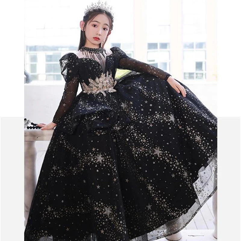 NBFENFA Luxury Black Sequin Wedding Guest Party Dresses for Flower Girl Children's Princess Birthday Piano Show Ball Gown Dress