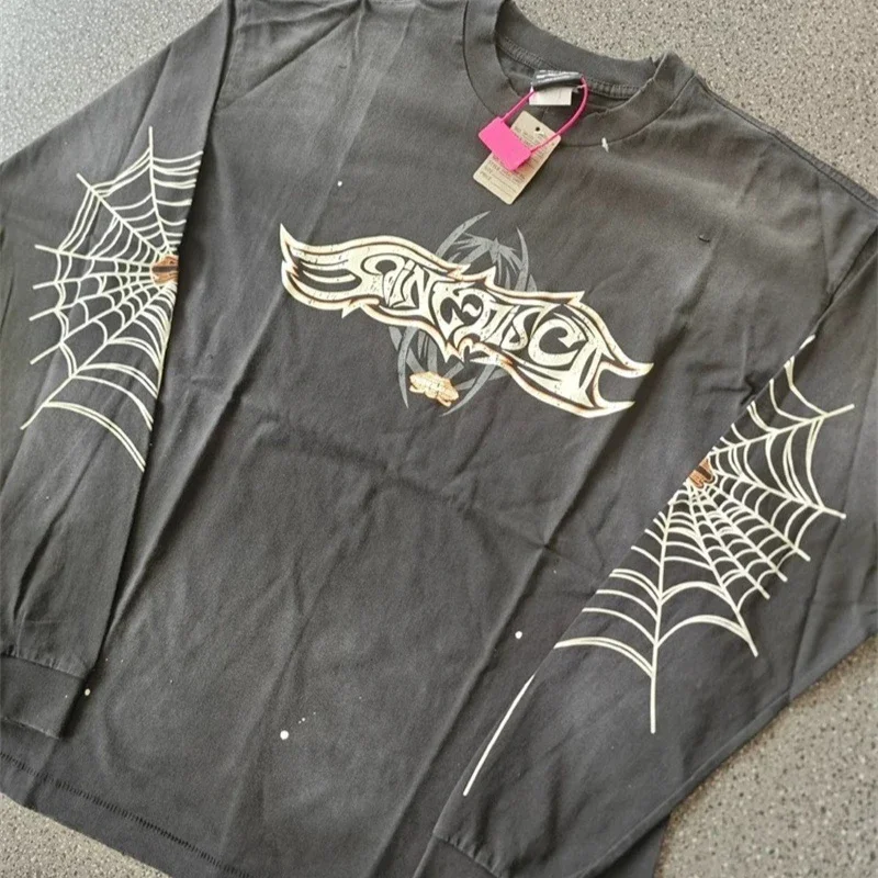 Saint Michael Oversized Men Long Sleeved T Shirts Black Washed Streetwear Pullovers