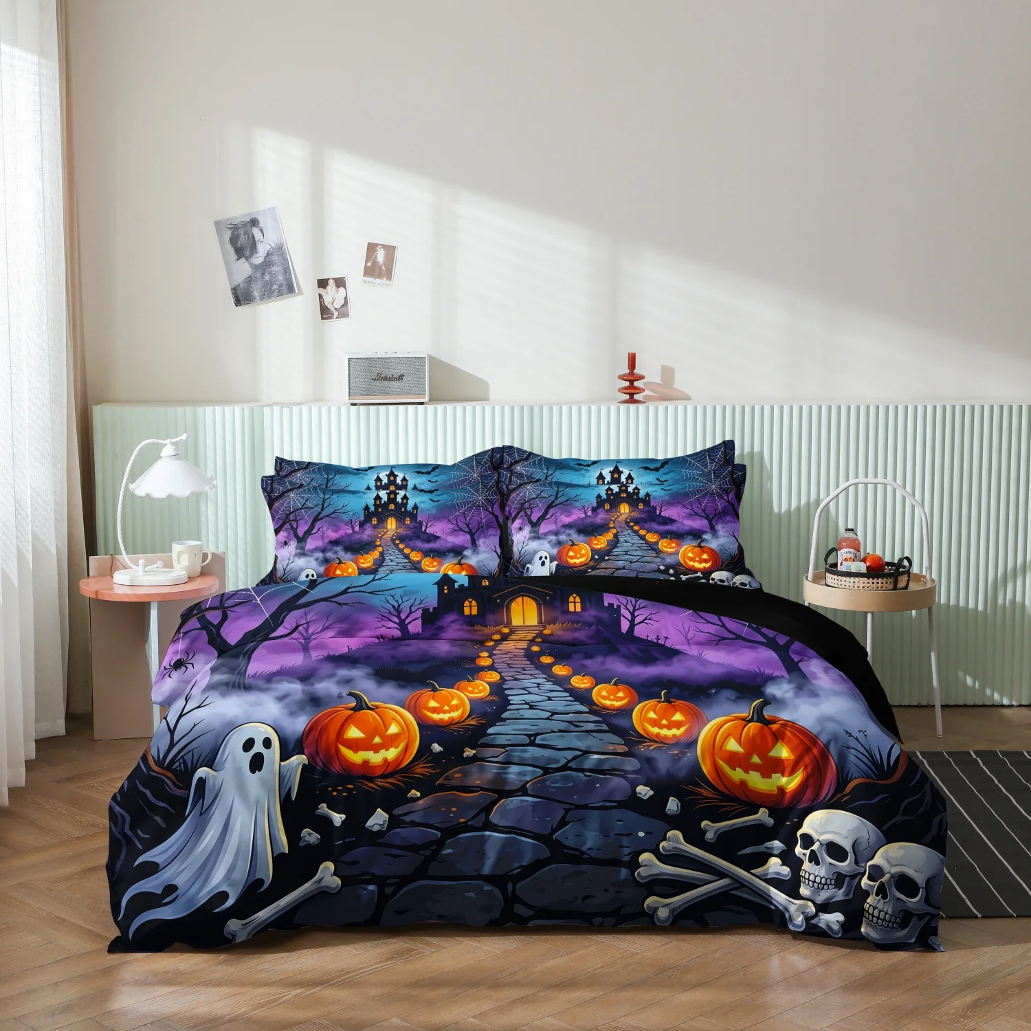 3 Pieces Halloween Spooky Castle Pumpkin Ghost Print Duvet Cover Set, Purple Night Sky Lantern Skull Haunted House Print Bedding