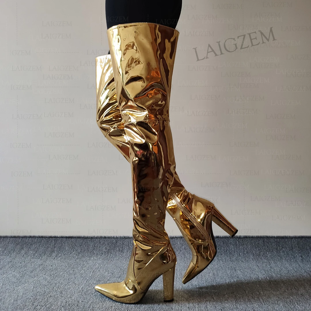 ZHIMA Women Thigh High Boots Pointed Toe Thick High Heels Boots Over Knee Metallic Colors Lady Shoes Woman Plus Size 38 41 45 47