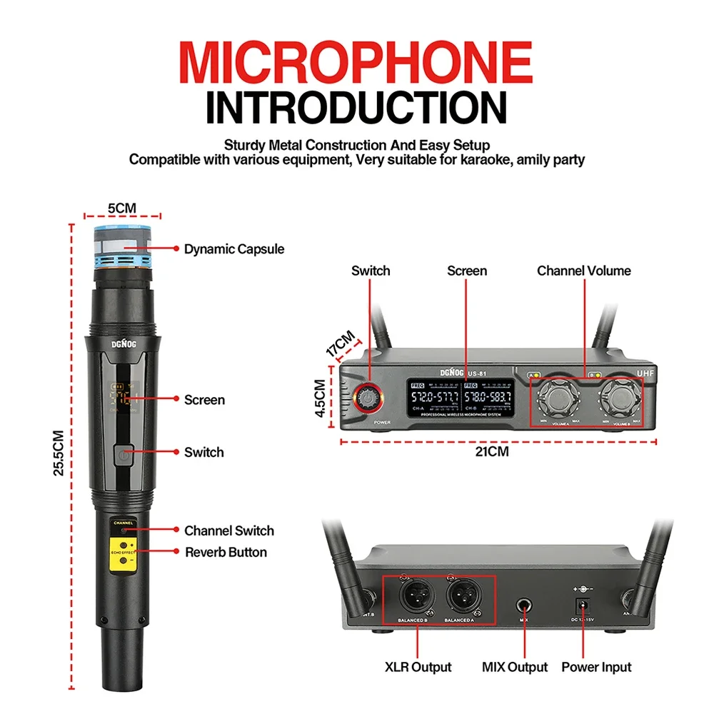 US-81 Dual Wireless Microphone System Professional UHF 2 Channels Karaoke Mic Handheld 80M For DJ Home Party Show Church Stage