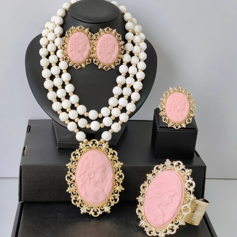 

Nigerian Wedding Jewelry Sets White Beads African Necklace Bracelet Earring Ring