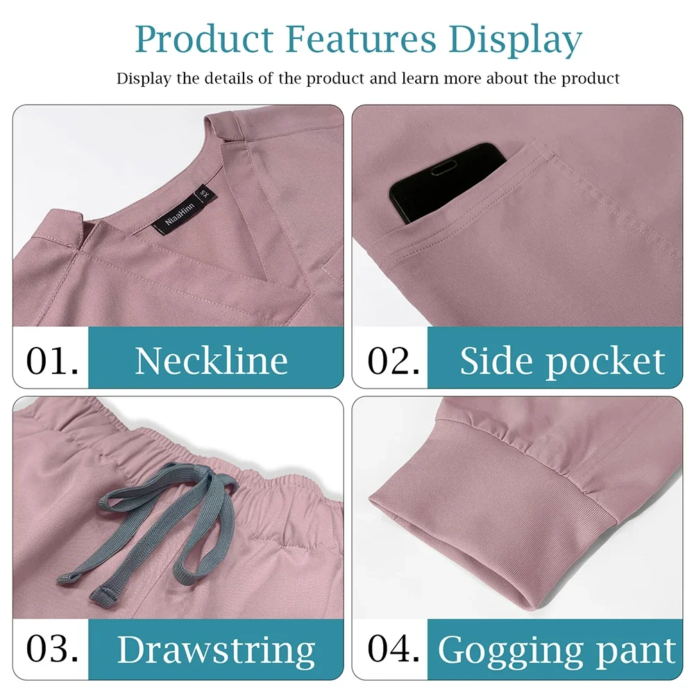 ممرضة زي عمل موحّد الطبيب فرك زي العمل الرجال تي شيرتات قصيرة الاكمام بلايز الدعك الطبية السراويل سبا مختبر الدعاوى اكسسوارات