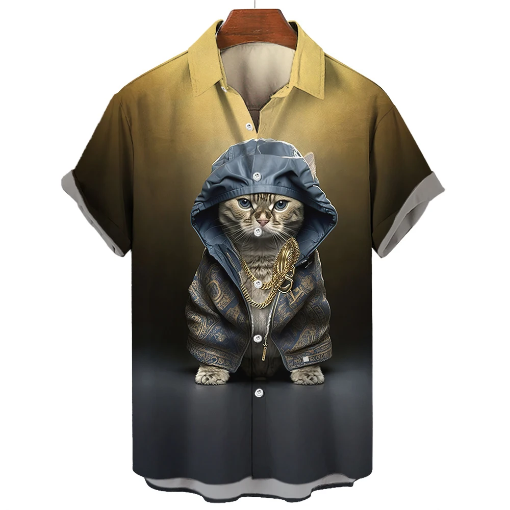 Funny Punk Cat Print Summer Men's Shirts Casual Oversized Short Sleeve Fashion Single-Breasted Blouses Trend Tops Men Clothing