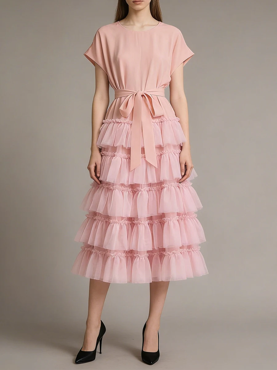 Vgh casual doce emendado em camadas malha bolo vestido para mulheres o pescoço sem mangas fino emendado rendas até vestidos puff feminino verão novo