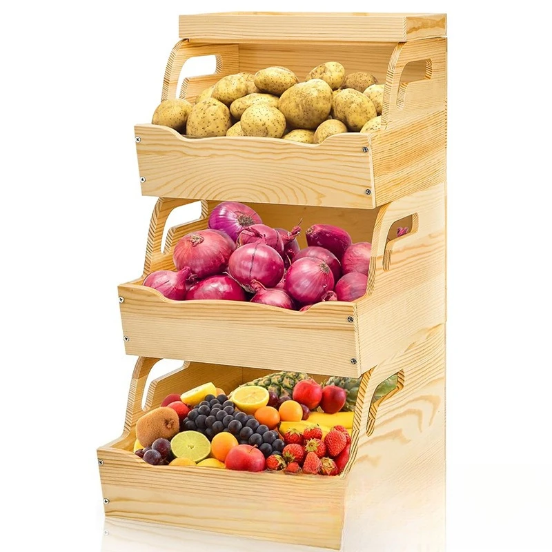 Wooden three-layer kitchen rack stackable storage box fruit snack snack rectangular storage box