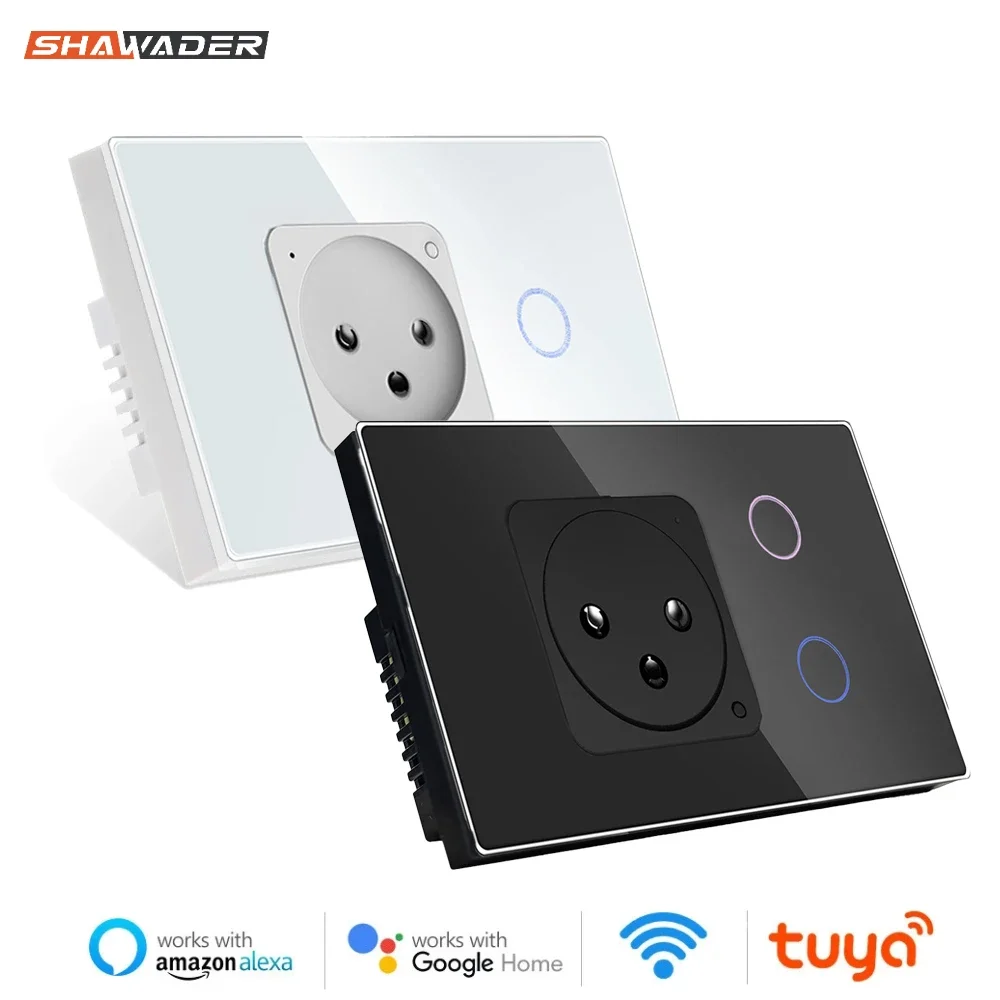 Shawader Israel Wall Socket Wifi Smart Light Switch Tuya Plug Electrical Outlet Touch Glass Panel Intelligent Alexa Google Home