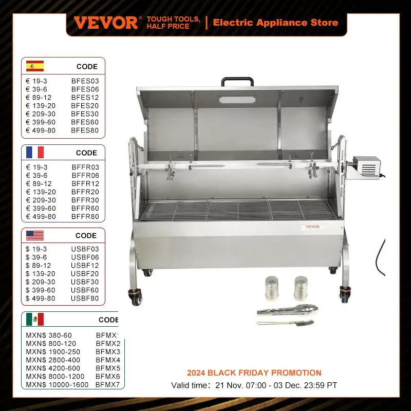 VEVOR Stainless Steel Rotisserie Grill / with Hooded Cover / with Windscreen, BBQ Whole Pig Lamb Goat Charcoal Spit Grill