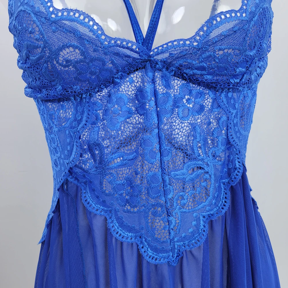 딥 V 레이스 섹시 여성 란제리 귀여운 나비 넥타이 메쉬 나이트가운 여성 도매 큰 사이즈 속이 비치는 등이 없는 자수 파자마