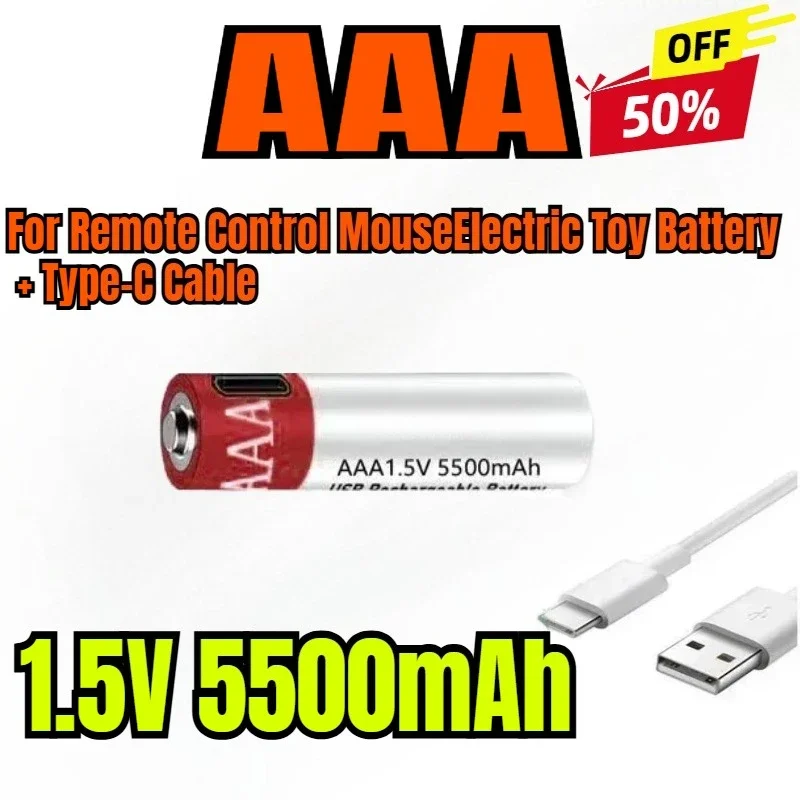 

New USB AAA Rechargeable Batteries 1.5V 5500mAh Li-ion Battery for Remote Control MouseElectric Toy Battery + Type-C Cable