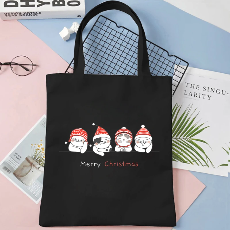 CuteMerry Christmas Cat Print Canvas Tote Bags Women\'s Christmas Party Shopping Bag Anime Kitten Shoulder Bag Female Handbags