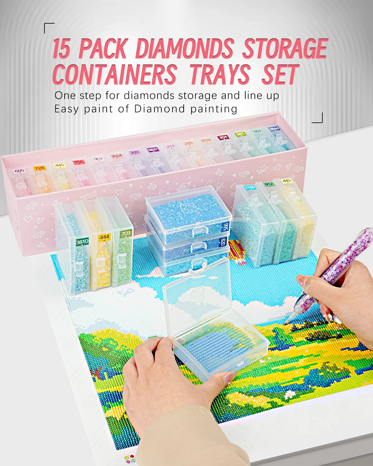 15pcs Diamond Painting Tools Accessories Trays with Lids, 2-in-1 Diamond Art Storage Organizer, Bead Line-Up & Painting Tray Set