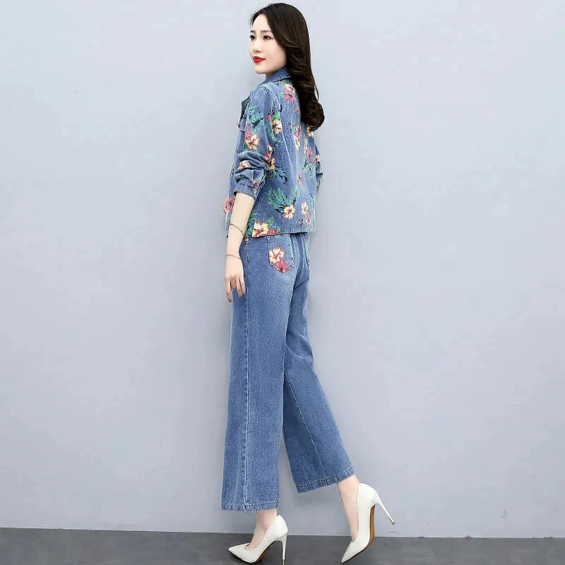 Two piece Women\'s Casual Denim Suit 2024 Spring Autumn New Print Denim Jacket Top+Wide leg Jeans Female Temperament Clothing Set