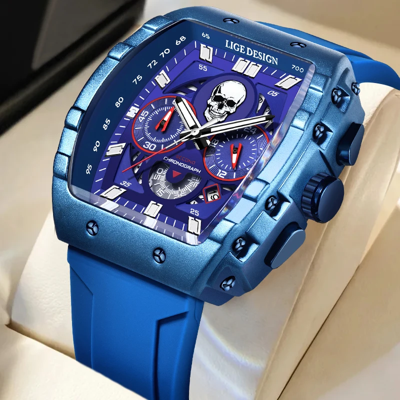 LIGE Fashion 3D Skull Head Blue Watch Men Casual Men Military Watches Top Brand Luxury Sport Chronograph Clock Relogio Masculino