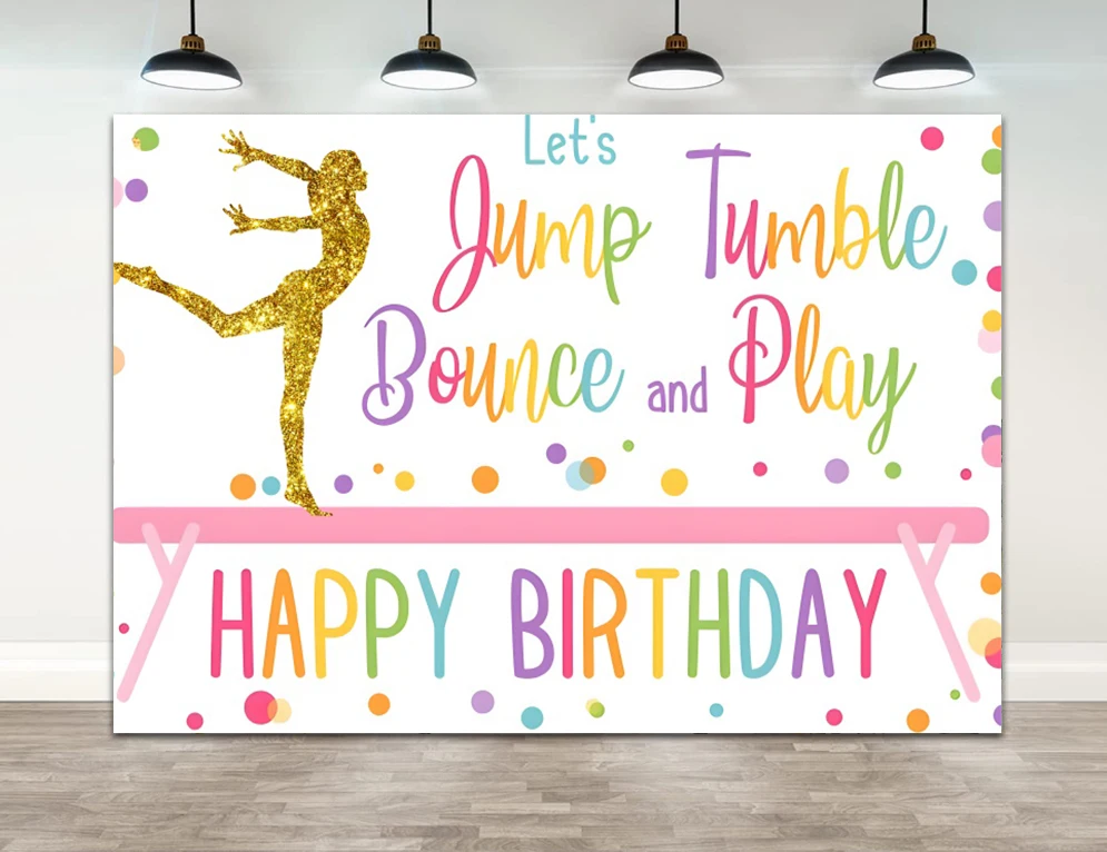 Gymnastics Background Girl Birthday Party Photo Tumbling Flip Jump and Play Theme Photographic Gymnast Banner Studio Backdrop