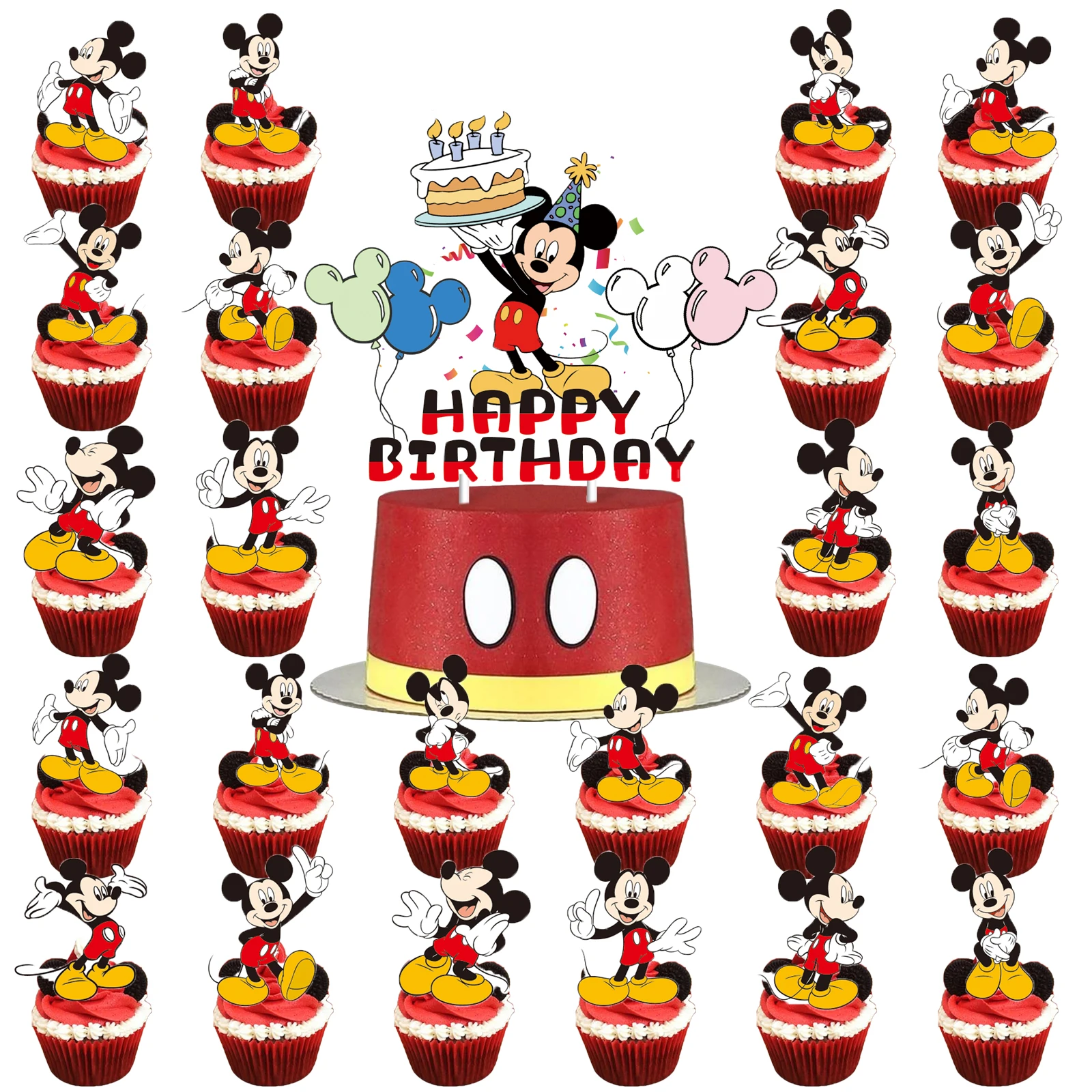 Mickey Cake Topper、Cupcake Toppers，Mickey Birthday Decorations，Theme Party Supplies,Mickey Birthday Cake Decorations