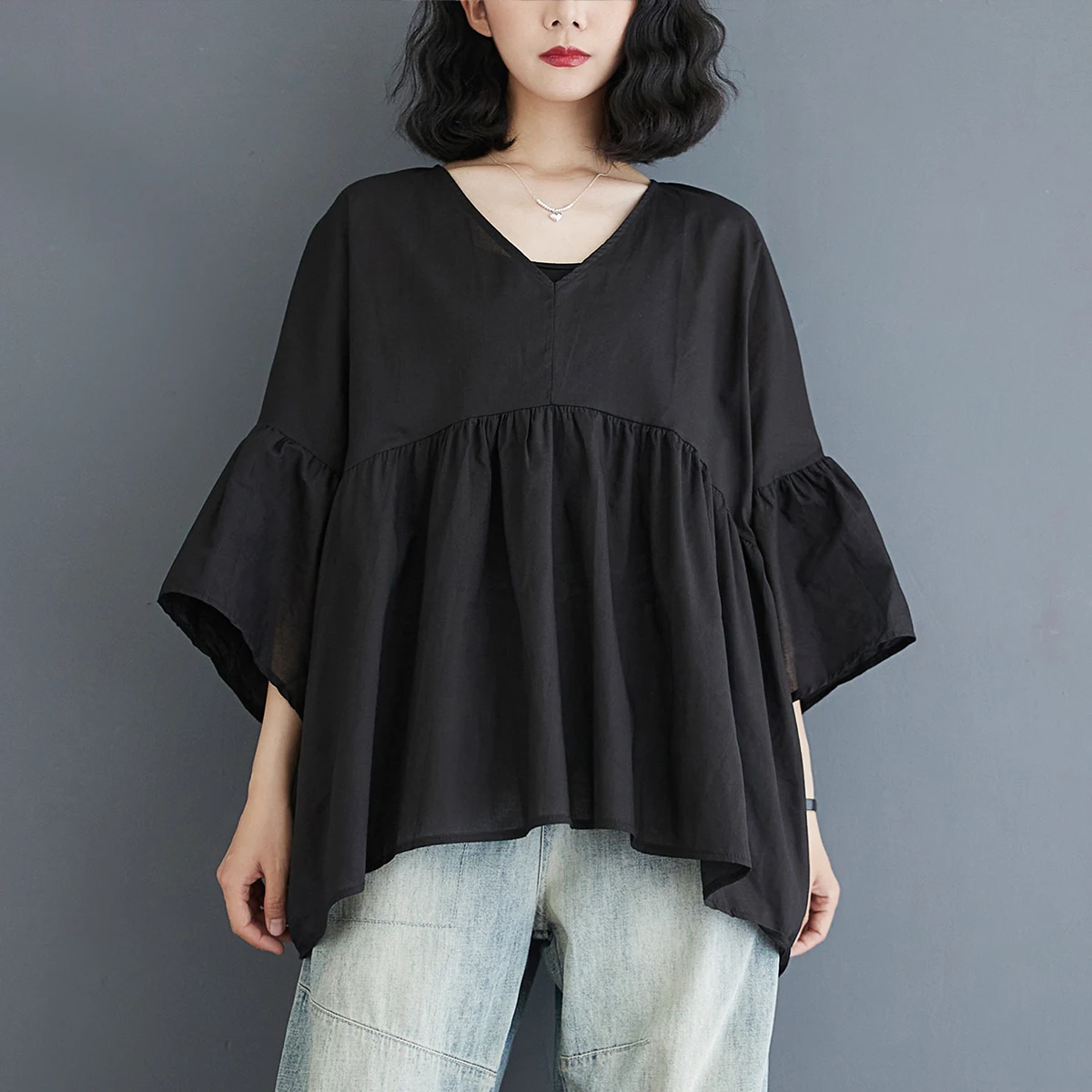 

V-Ne Cotton Linen Doll irt Summer plus Size Women's Faion Belly Covering Slimming Bell Sve Top for Plump Women