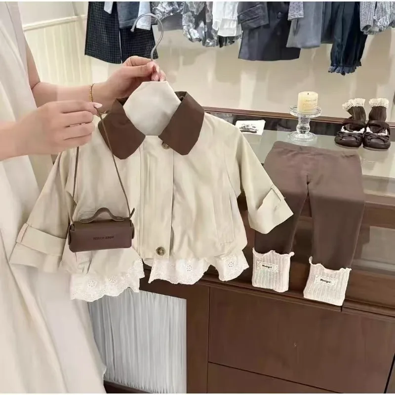 RAISE Autumn Kids Girl 2piece Clothes Set Korean Turn Down Collar Children Girl Trench Coat Spliced Infant Girls Leggings Outfit