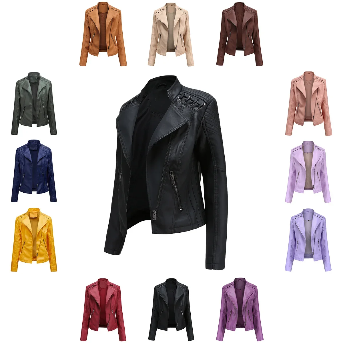 Veste en similicuir pour femme, manteau taille européenne, veste zippée moto motard, violet, café, jaune, rouge, marron, bleu marine, printemps, automne, nouveau, 2023