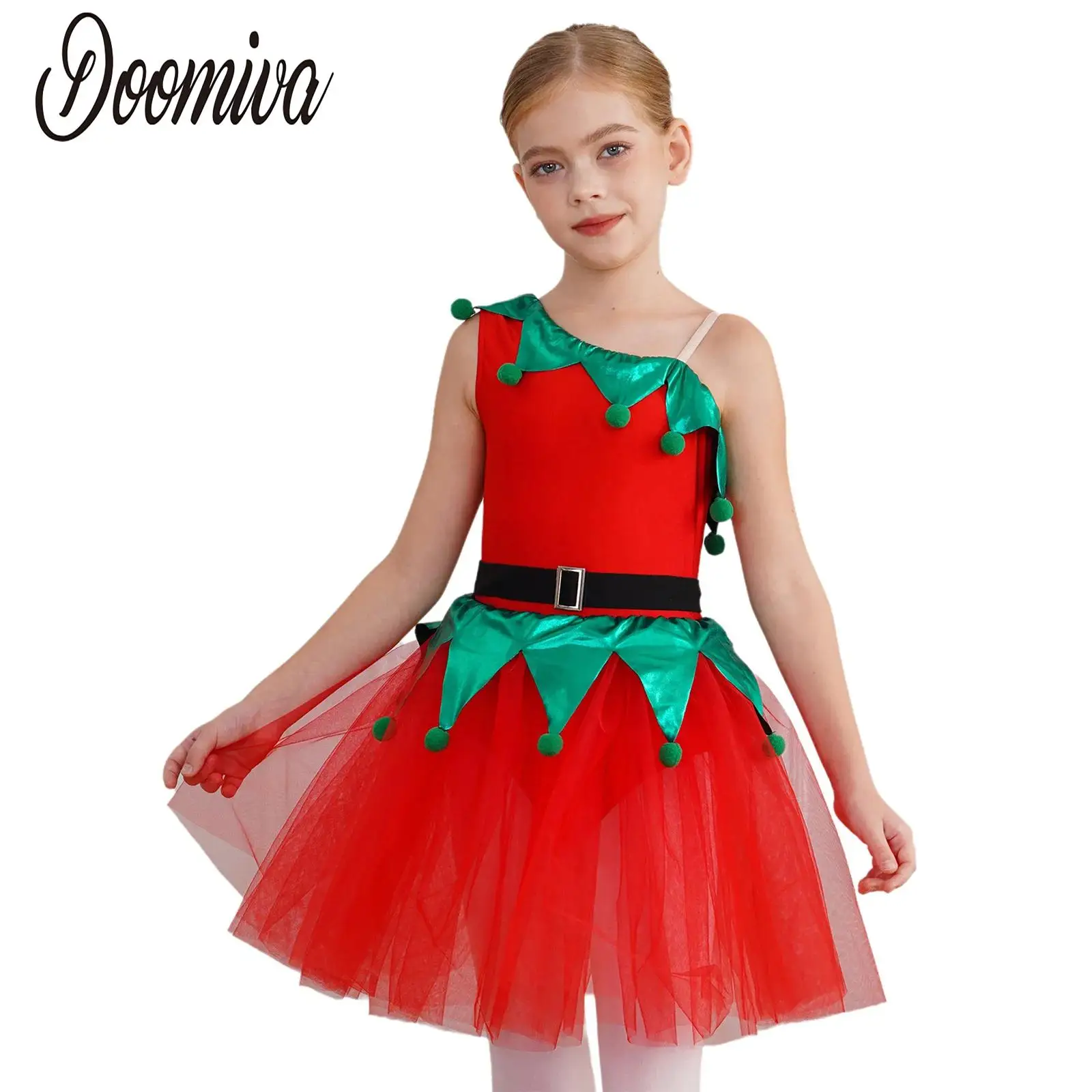 

Girls Christmas Ballerina Tutu Dance Dress One Shoulder Pom Poms Ballet Dance Leotards Dress Carnival Xmas Party Dancewear