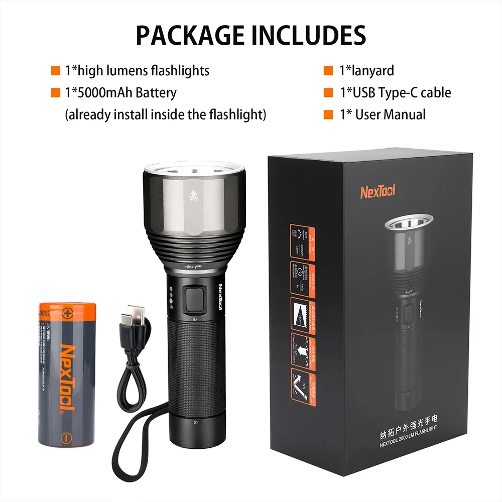 Imagem -06 - Nextool-lanterna Led Recarregável 5000mah 2000lm 380m Modos Ipx7 Impermeável tipo c Camping Tocha de Busca ao ar Livre