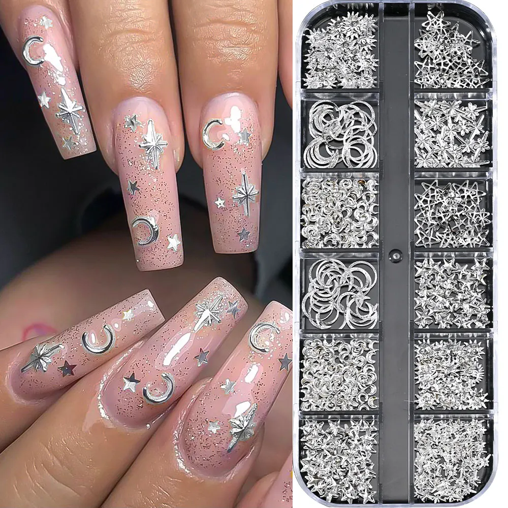 12 Grids Silver Star Moon Pentagram Nail Metal Rivets Studs 3D Tips Slice FlatBack Nail Charms Glitter Nails Jewelry Accessories