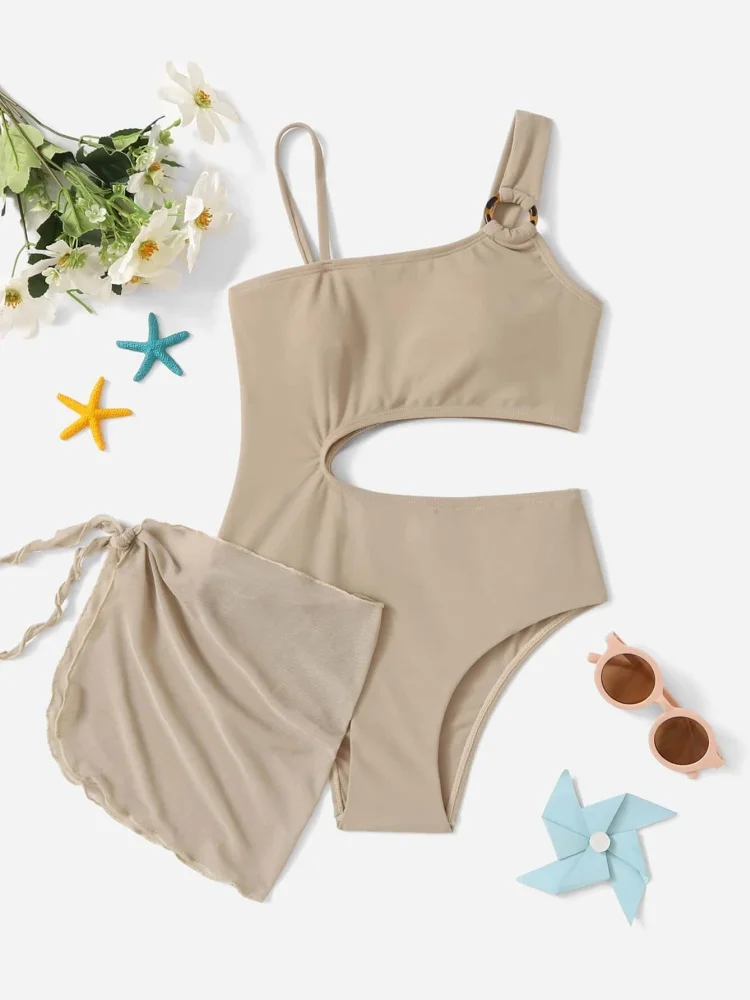 Girls Kids Swimsuit 2026 New Solid Sling Hollow Out Children Swimwear Summer Mesh Two Piece Beachwear Bathing Suit For Swimming